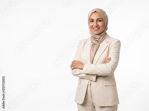 Confident Muslim Businesswoman in Hijab and Beige Suit Smiling with Arms Crossed Isolated on White