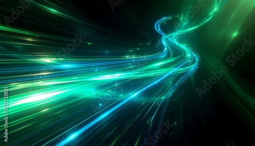 High speed green and blue light trails with glowing particles
