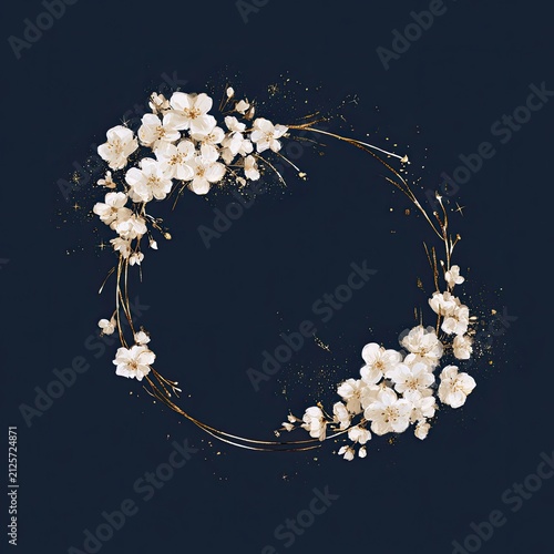 Delicate white blossoms frame a dark background, a golden oval wreath