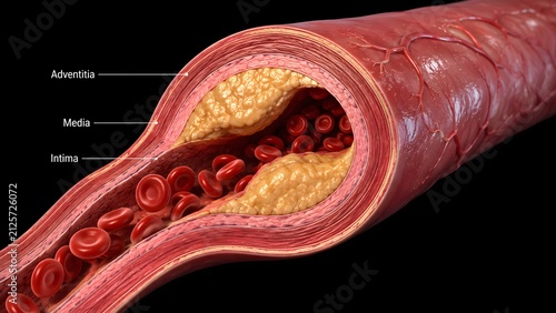 Medical illustration of artery atherosclerosis with plaque buildup and restricted blood flow atherosclerosis cholesterol
