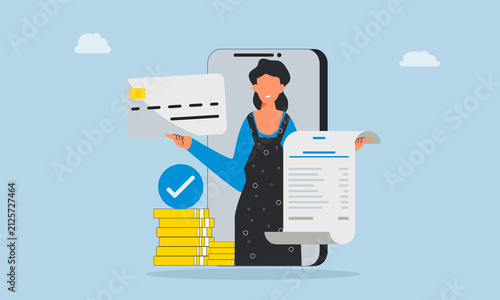 Contactless payment, wireless transaction, online processing. Woman with card.