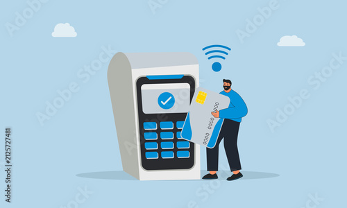 Contactless payment, wireless transaction, online processing. man with card.
