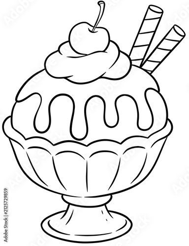 Classic Ice Cream Sundae Glass with Sauce Cherry and Wafers Line Art