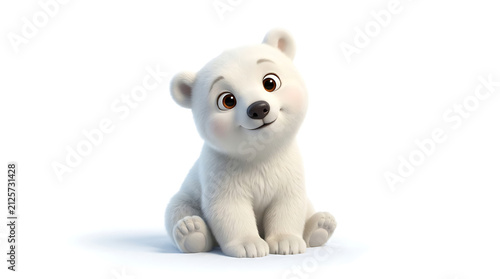 A cute, fluffy baby polar bear cub sitting and looking forward with a sweet expression.