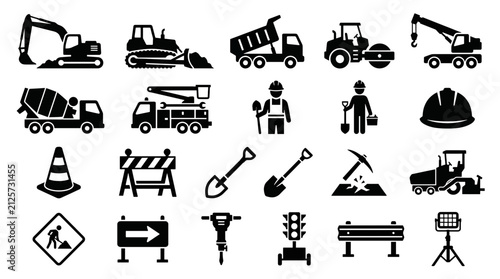 Construction site equipment icons set. Heavy machinery and road work tools vector symbols.