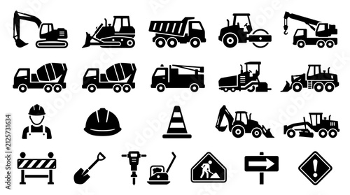 Construction vehicle icons set. Heavy machinery and road work equipment silhouettes.