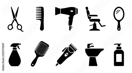 Hair salon equipment icons set. Professional barber shop tools and beauty accessories collection.