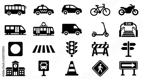 Set of city transportation icons. Urban transit and traffic signs vector collection.