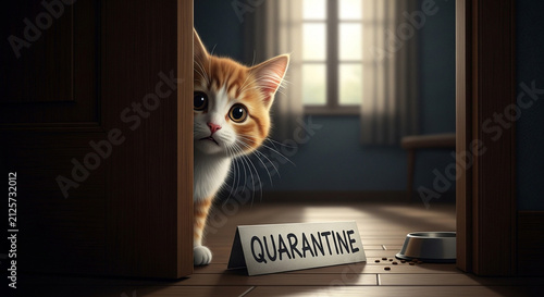 Ginger cat peeking from behind a door. Cute kitten in quarantine with a sign.