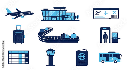 Airport travel icons set. Collection of aviation and transportation symbols for tourism.