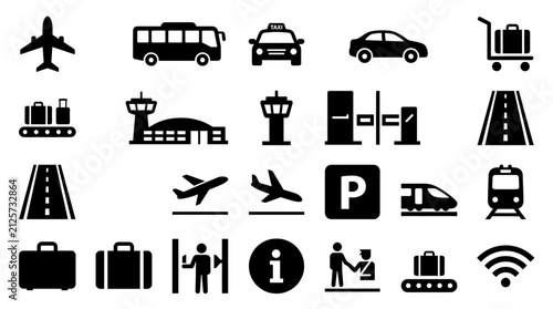 Airport and transportation icons set. Travel and logistics vector symbols collection.