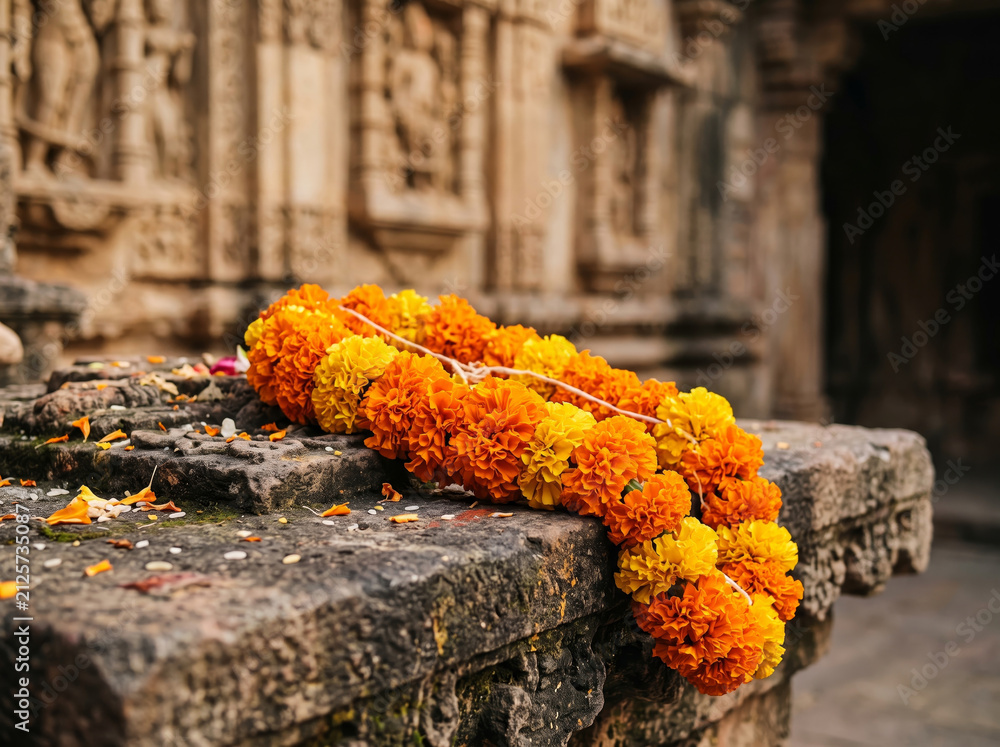 Fototapeta premium Orange marigold flower garland resting on ancient carved stone shrine