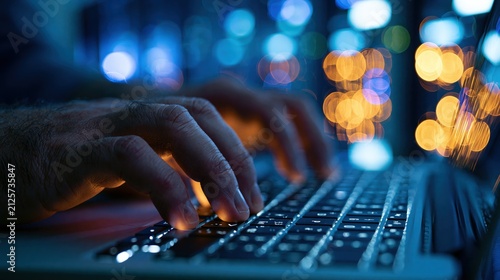 Human hands actively typing on a computer keyboard with a blurred, illuminated background.