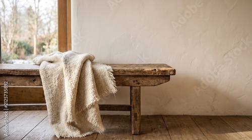Soft wool blanket draped over rustic wooden bench in cozy minimalist interior with copy space