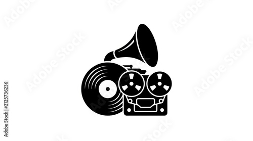 Vintage audio equipment silhouette including a gramophone vinyl record and reel to reel tape recorder.