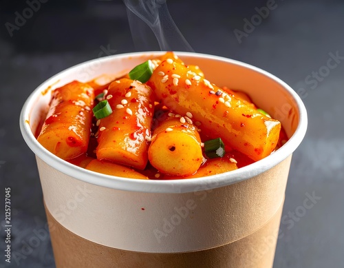 Close-up photography of steaming hot Korean tteokbokki spicy rice cakes served in a paper cup