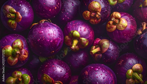 mangosteen fruits background with water droplets.