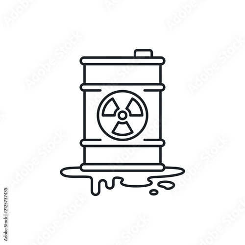 Line icon of a leaking radioactive waste barrel with hazard symbol for nuclear pollution and environmental danger