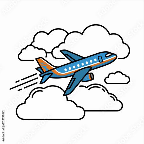 Airplane soaring through clouds, illustration style. A modern airplane with blue and orange accents flies through a sky filled with fluffy white clouds.