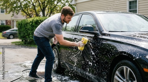Young man washing his modern car with a sponge and water in the driveway at home