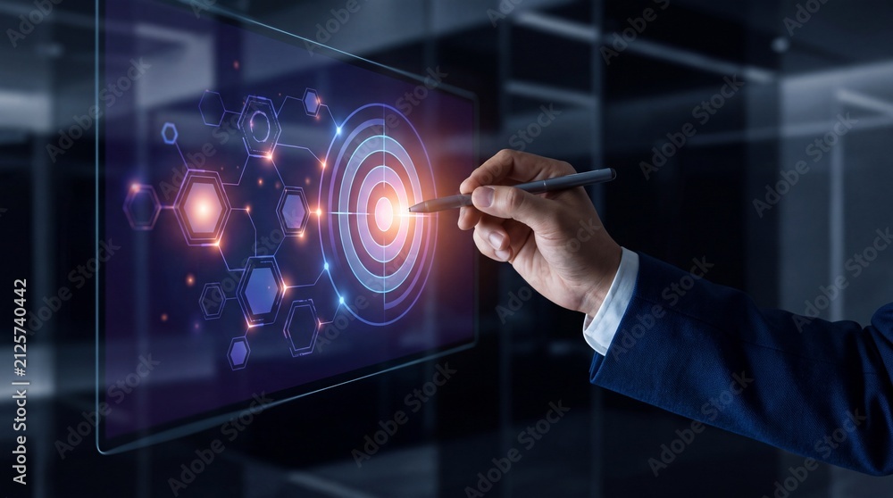 Obraz premium 3D futuristic data analytics target board with glowing cyan laser beam