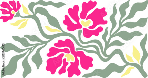Abstract Floral Illustration with Pink Flowers and Green Wavy Leaves