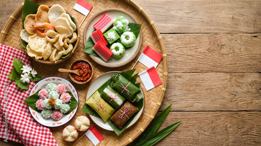 Fototapeta premium Traditional Indonesian snacks and desserts on bamboo platter with flag decorations