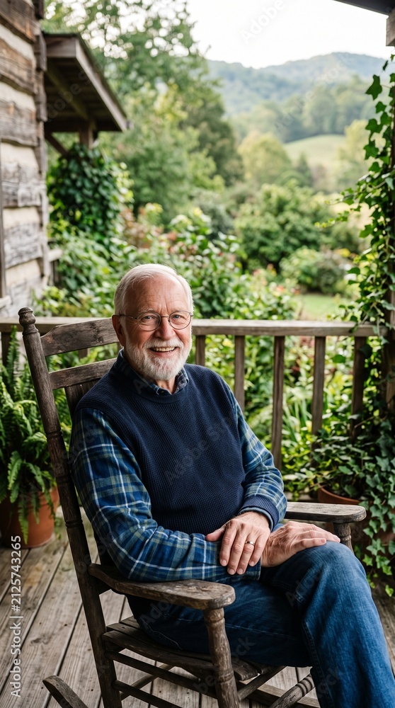 Fototapeta premium Elderly man with beard sitting in rocking chair on a porch