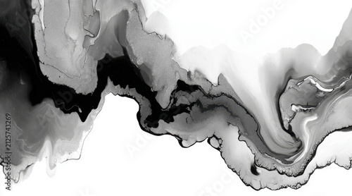 Monochromatic fluid texture abstract waves on stark white canvas black gradients