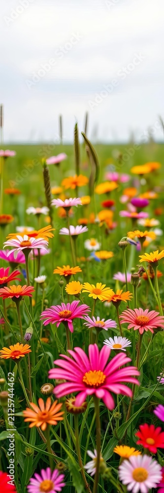 Fototapeta premium Vibrant wildflowers blooming in a lush green meadow, blooming, garden