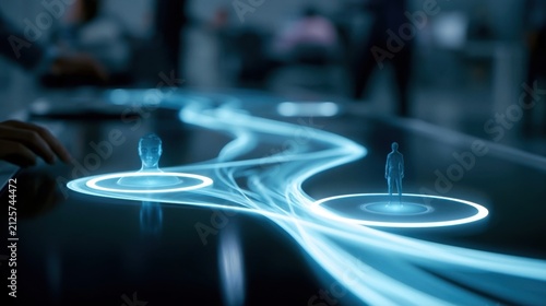 Futuristic holographic data streams connecting digital avatars on a dark interactive surface