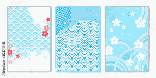 Cuadro en lienzo Japanese style wave and floral ornament vector illustrations on a white backgrou