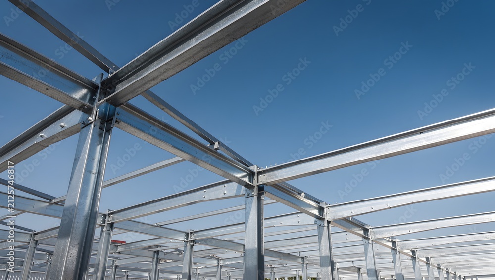 Naklejka premium Structural steel beams framework of a modern commercial building under clear blue sky construction site with construction framework structural building