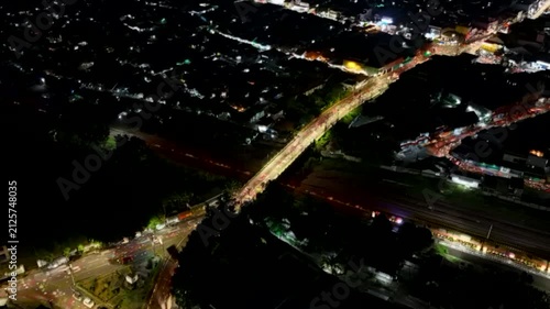 Aerial night view of the city from a drone
