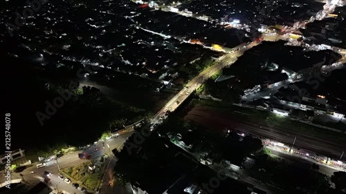 Aerial night view of the city from a drone