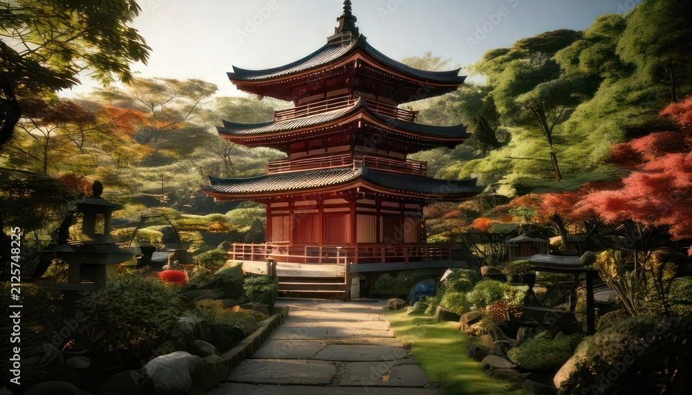 Obraz premium Traditional Japanese Pagoda Garden Landscape Architecture.