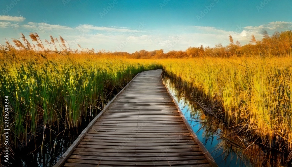 Obraz premium Serene wooden boardwalk through wetland landscape.