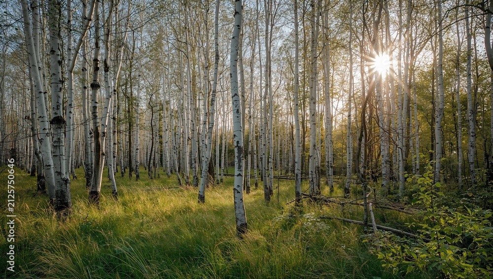 Obraz premium Birch forest with white tree trunks and green grass at sunset