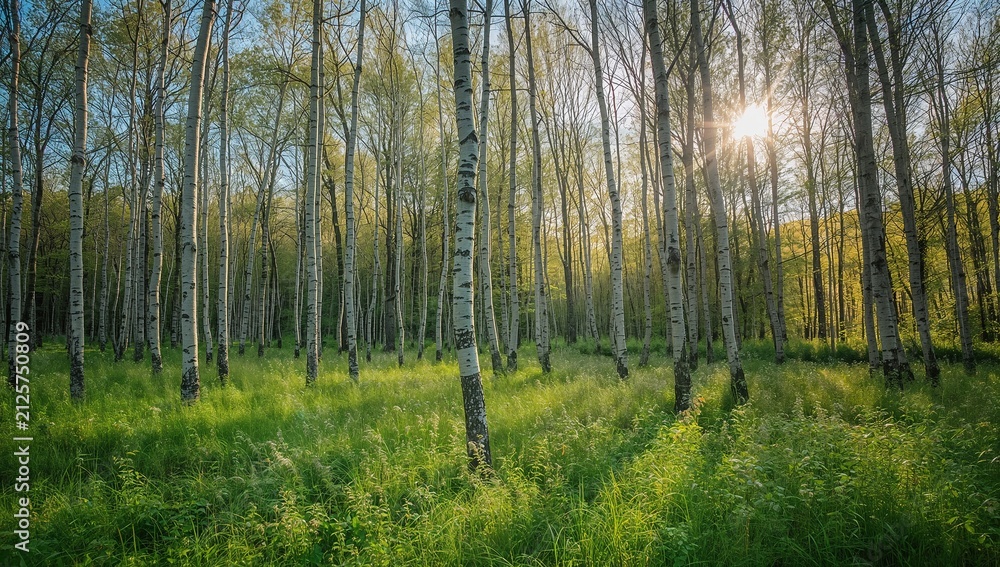 Fototapeta premium Birch forest under blue sky with lush green undergrowth