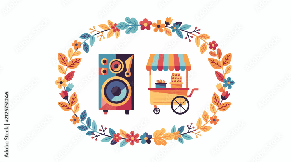 Fototapeta premium Outdoor event setup: speaker and food cart, colorful floral frame