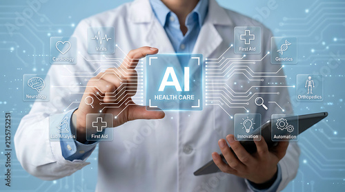 Doctor Holding AI Health Care Interface Display with Medical Nodes