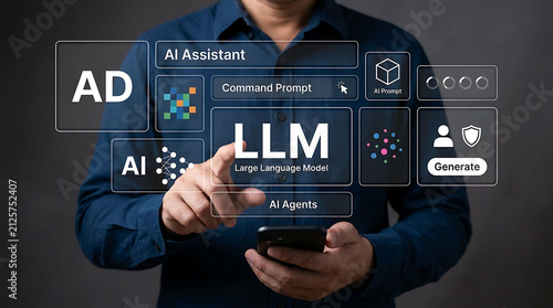 Person Touching LLM Large Language Model Display with Smartphone and AI Icons