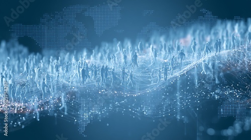 Global migration analytics, workforce silhouettes flowing across continents, luminous financial pathways