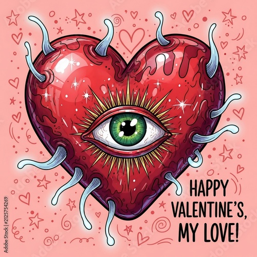 Vibrant Illustration: All-Seeing Heart Radiates Love's Warmth on Pink Backdrop.