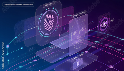 Modern Cybersecurity Interface Displaying Simultaneous Biometric Authentication for Fingerprint Facial Recognition and Iris Scanning