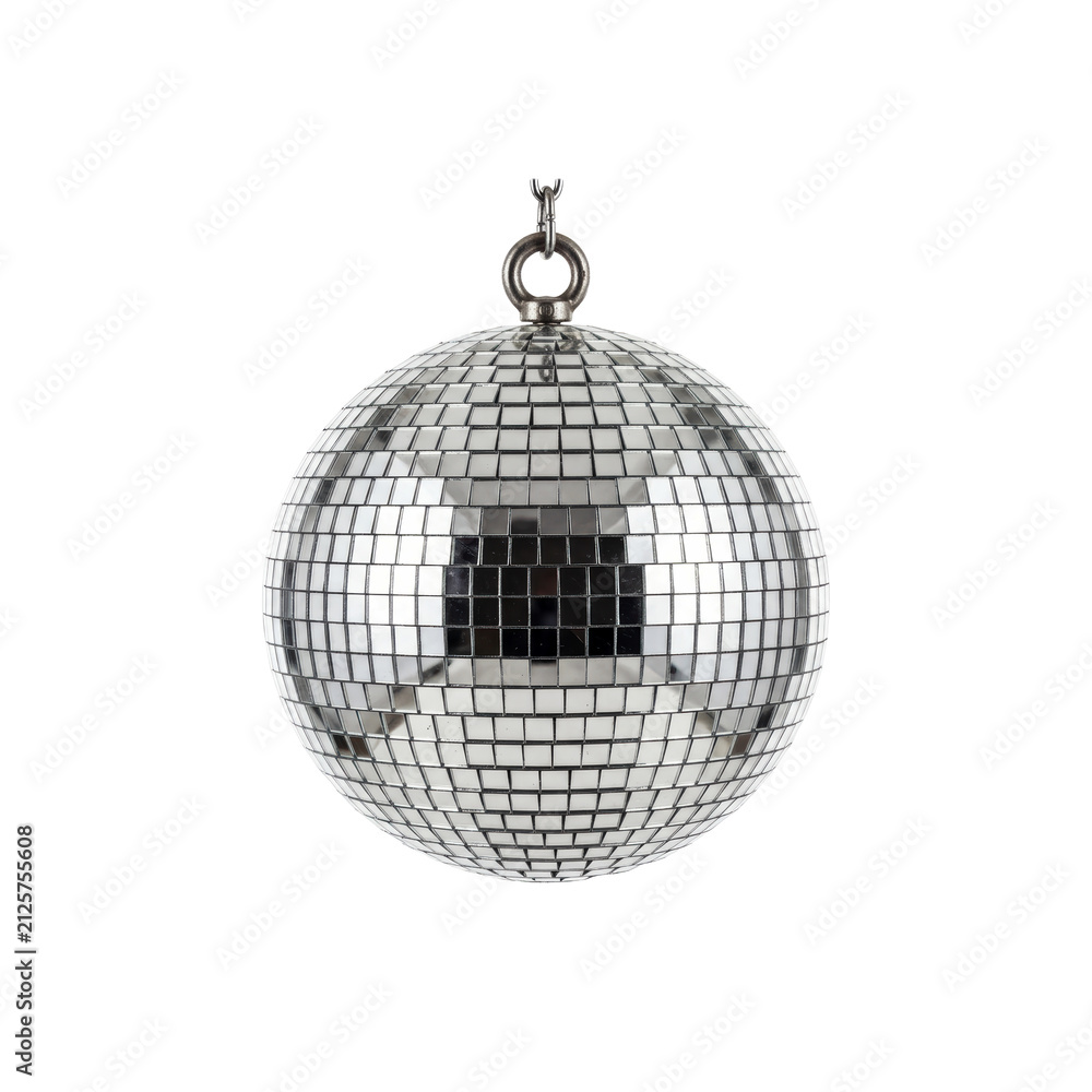 Fototapeta premium Reflective disco ball hanging on a white background