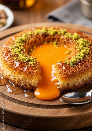 Golden, cheesy pastry oozing sweet syrup, crowned with vibrant green pistachios. A delectable dessert captured in perfect focus.