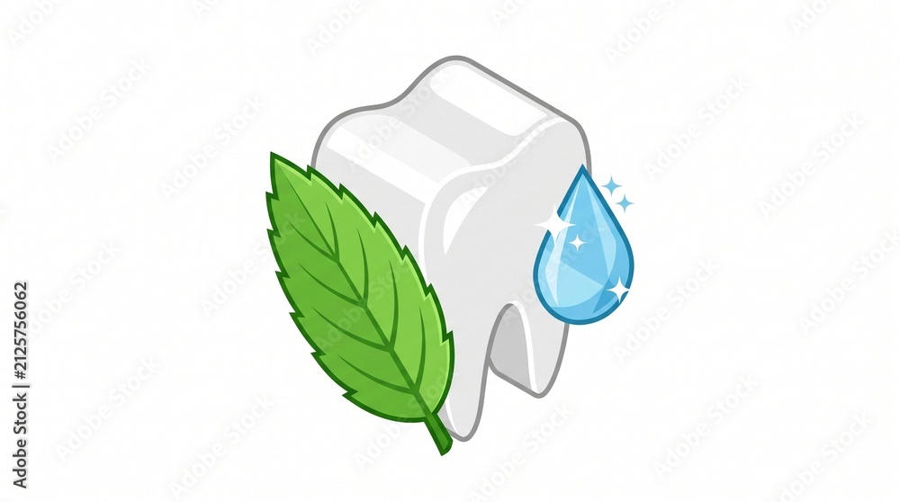 Obraz premium Tooth icon with mint leaf and water drop. Dental care symbol for oral hygiene design.