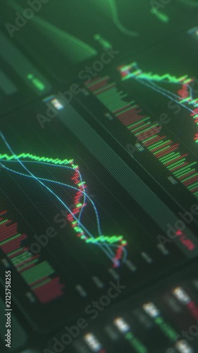 Trading terminal interface with a cryptocurrency candlestick charts, market board quotes and heatmap panels. Close up of a crypto and stock exchange dashboard with green and red price data