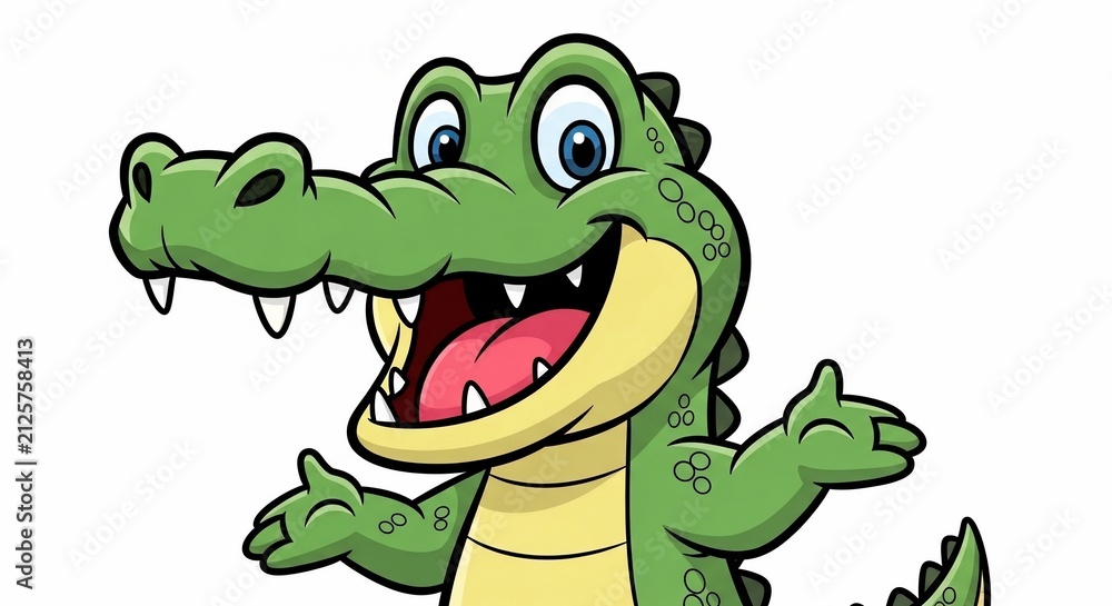 Obraz premium Joyful Cartoon Alligator, Vibrant Green Digital Art, Big Smile Illustration